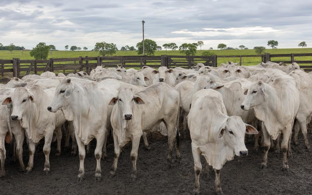 Pecuarista analisando preço da arroba do boi gordo com gado em pasto ao fundo